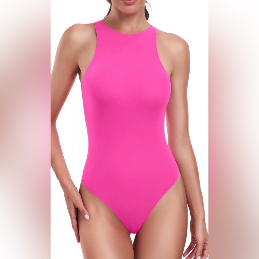 🆕 HeyNuts Double Layer High Neck Sleeveless Thong Bodysuit in Sonic Pink